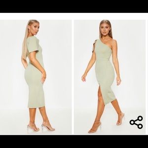Sage Green One Shoulder Bow Detail Midi